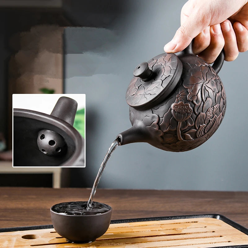 Yixing-Purple Clay Teapot, Hand Painted, Antique Relief Lotus Teapot, Large Capacity, Kungfu Tea Cup Set