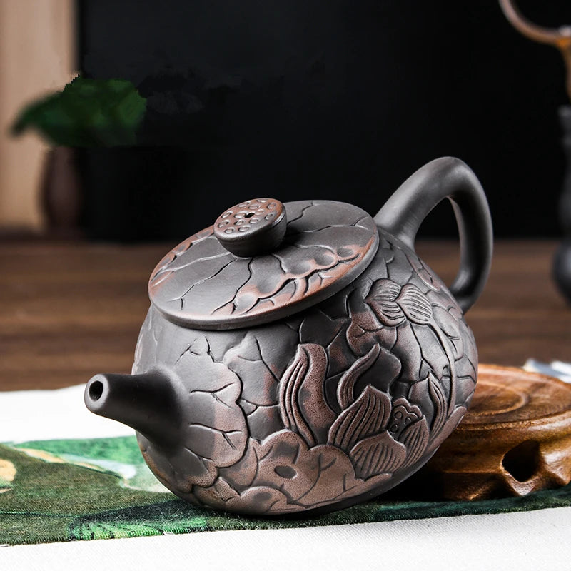Yixing-Purple Clay Teapot, Hand Painted, Antique Relief Lotus Teapot, Large Capacity, Kungfu Tea Cup Set