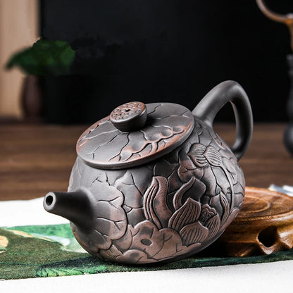 Yixing-Purple Clay Teapot, Hand Painted, Antique Relief Lotus Teapot, Large Capacity, Kungfu Tea Cup Set