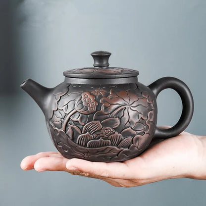 Yixing-Purple Clay Teapot, Hand Painted, Antique Relief Lotus Teapot, Large Capacity, Kungfu Tea Cup Set