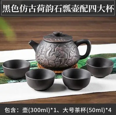 Yixing-Purple Clay Teapot, Hand Painted, Antique Relief Lotus Teapot, Large Capacity, Kungfu Tea Cup Set