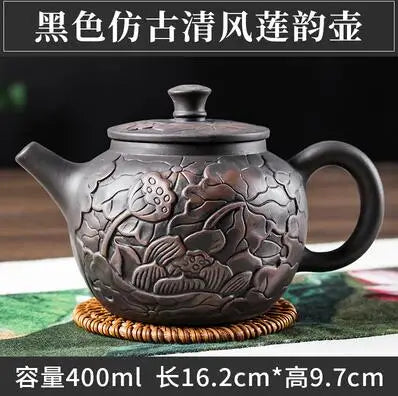 Yixing-Purple Clay Teapot, Hand Painted, Antique Relief Lotus Teapot, Large Capacity, Kungfu Tea Cup Set