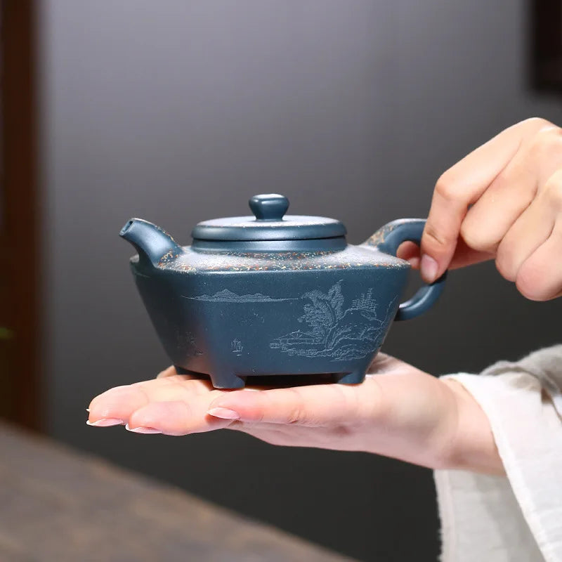 Yixing Purple Clay Teapot Landscape the Bucket Raw Ore Green Clay Teapot Sketch Pot Kung Fu Tea Set Wholesale Agent