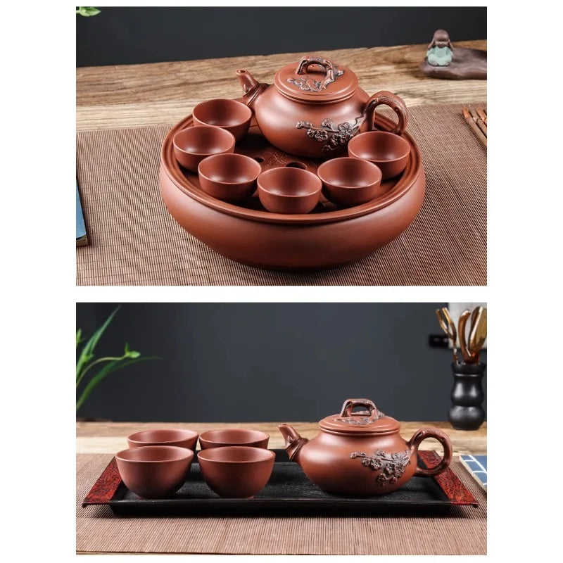 Yixing Purple Clay Teapot Large Capacity Vermilion Clay Plum Blossom Pot Large Filter Teapot and Teacup Set Kungfu Tea Set