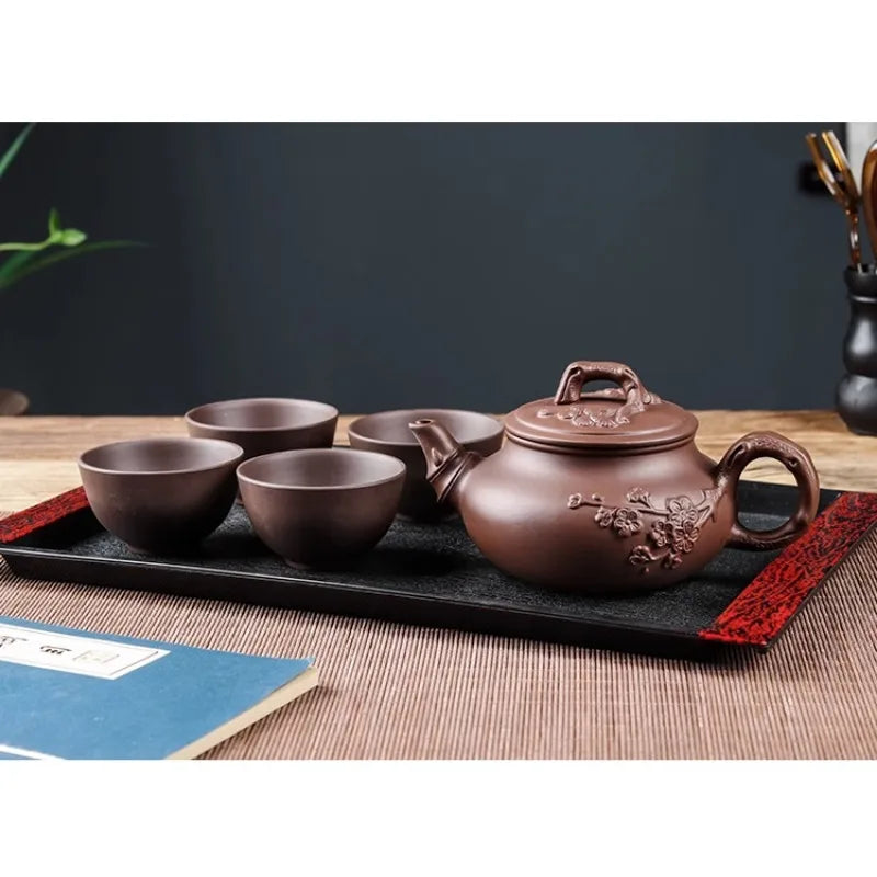 Yixing Purple Clay Teapot Large Capacity Vermilion Clay Plum Blossom Pot Large Filter Teapot and Teacup Set Kungfu Tea Set