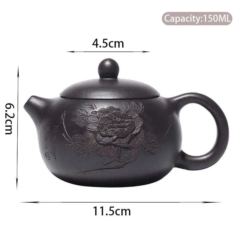 Yixing Purple Clay Teapot Master Hand Carved Peony Xishi Tea Pot Filter Kettle Chinese Authentic Zisha Tea Set 150ml Puer Teapot