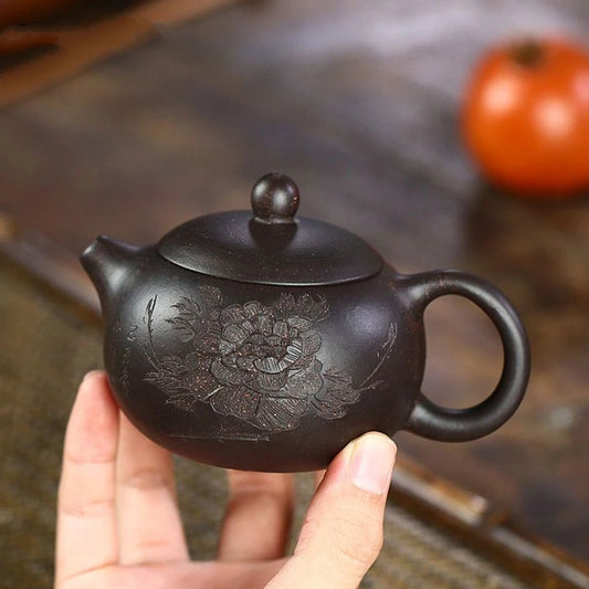 Yixing Purple Clay Teapot Master Hand Carved Peony Xishi Tea Pot Filter Kettle Chinese Authentic Zisha Tea Set 150ml Puer Teapot