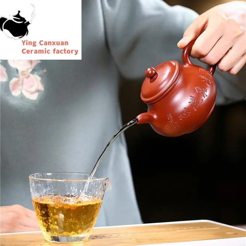 Yixing Purple Clay Teapot  Pot Original Mine Dahongpao Carved Pan Pot Teapot Kung Fu Tea Set Teapot 300ml