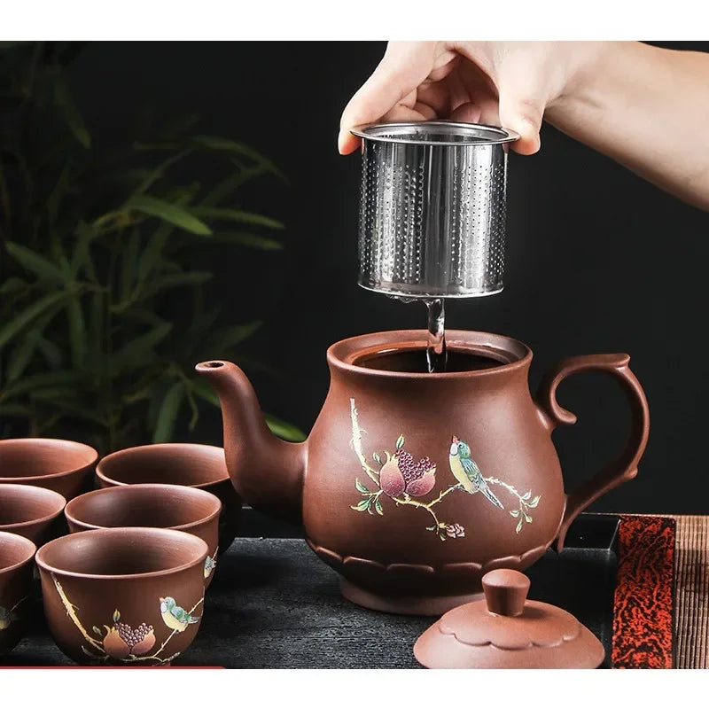 Yixing Purple Clay Teapots Large Capacity Flowers and Birds Teapot Handmade Zhu Mud Dragon Pattern Tea Infuser Chinese Tea Set