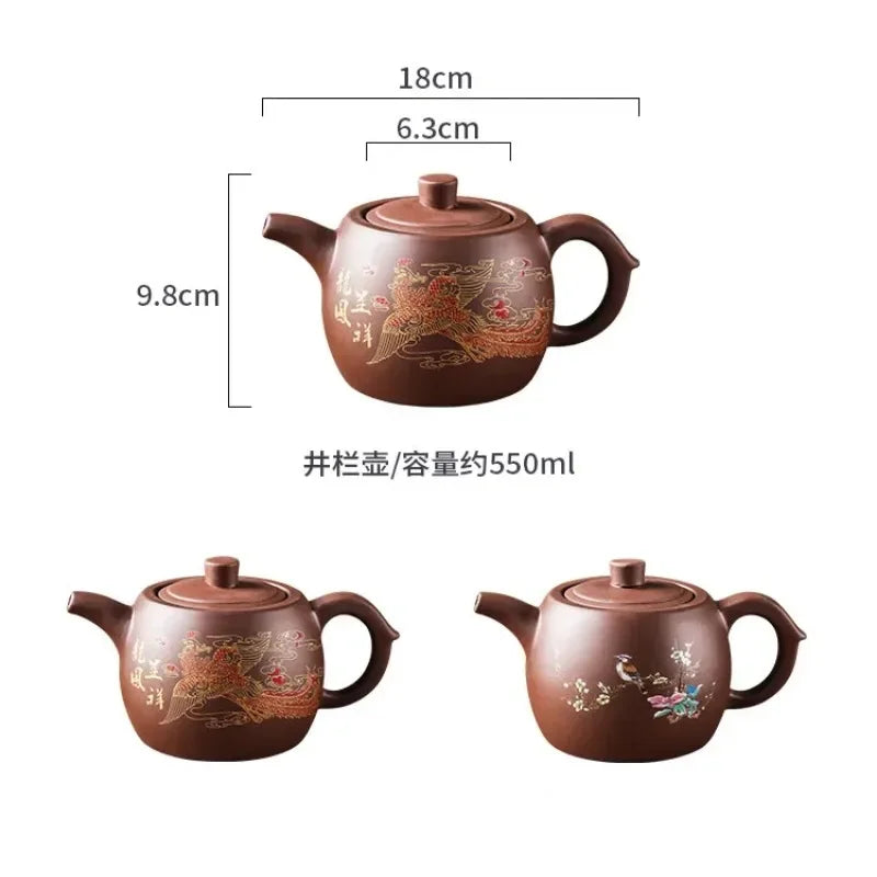 Yixing Purple Clay Teapots Large Capacity Flowers and Birds Teapot Handmade Zhu Mud Dragon Pattern Tea Infuser Chinese Tea Set