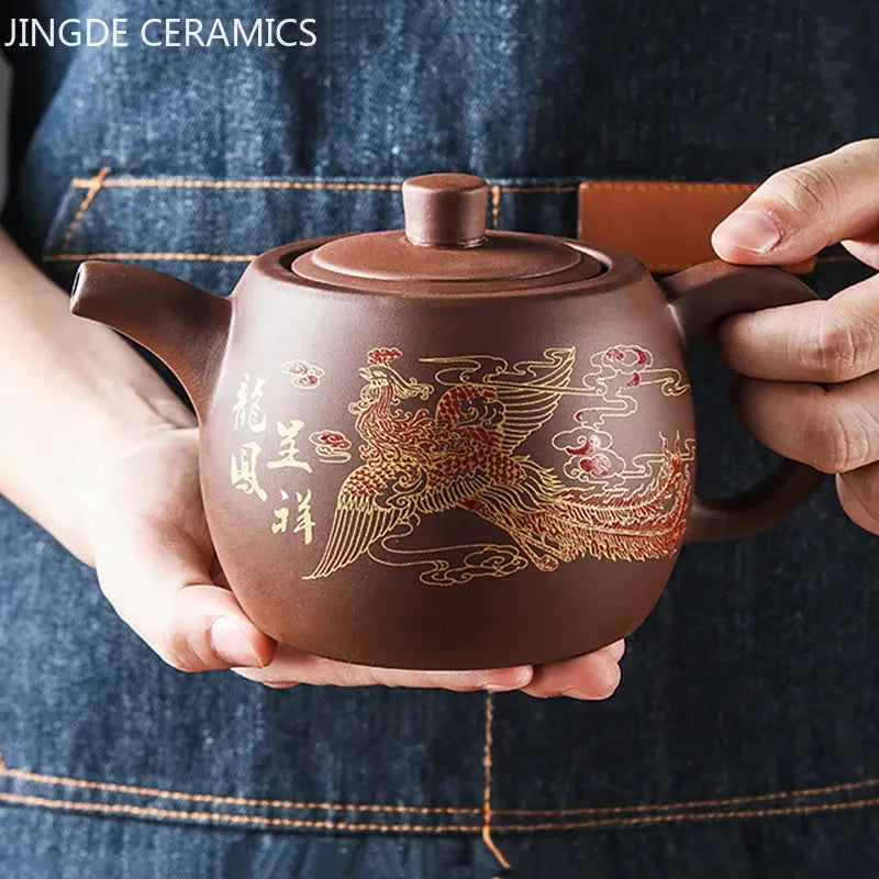 Yixing Purple Clay Teapots Large Capacity Flowers and Birds Teapot Handmade Zhu Mud Dragon Pattern Tea Infuser Chinese Tea Set