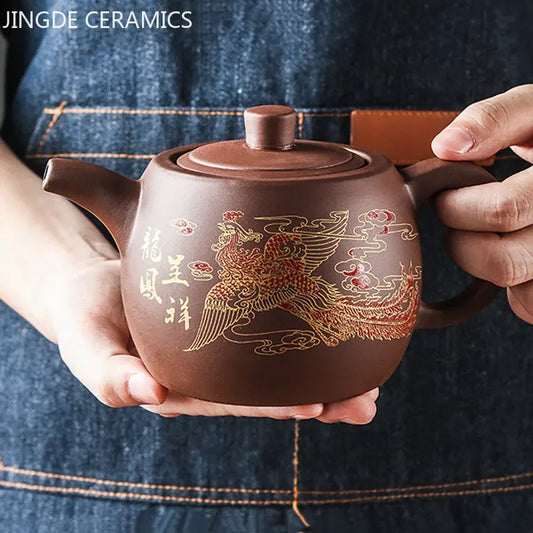 Yixing Purple Clay Teapots Large Capacity Flowers and Birds Teapot Handmade Zhu Mud Dragon Pattern Tea Infuser Chinese Tea Set