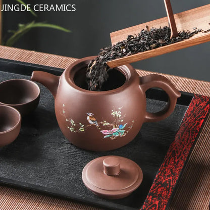 Yixing Purple Clay Teapots Large Capacity Flowers and Birds Teapot Handmade Zhu Mud Dragon Pattern Tea Infuser Chinese Tea Set