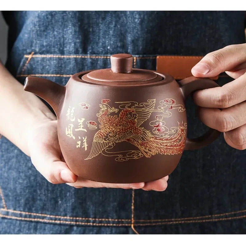 Yixing Purple Clay Teapots Large Capacity Flowers and Birds Teapot Handmade Zhu Mud Dragon Pattern Tea Infuser Chinese Tea Set