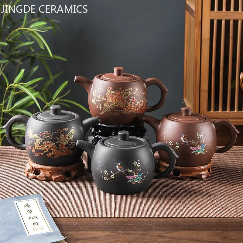 Yixing Purple Clay Teapots Large Capacity Flowers and Birds Teapot Handmade Zhu Mud Dragon Pattern Tea Infuser Chinese Tea Set