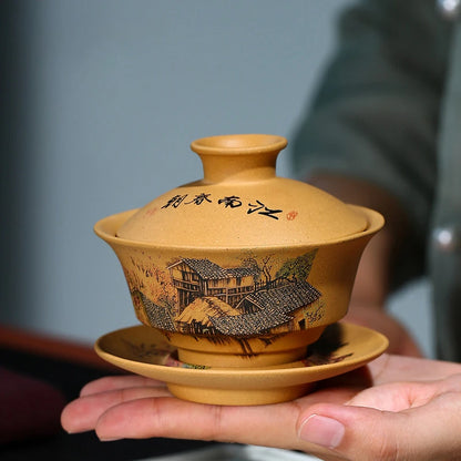 Yixing Purple Clay tea Gaiwan Teacup Hand Painted tea Tureen Chinese Retro Set Accessories Tea Ceremony Drinkware 120ml