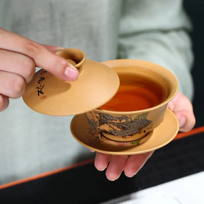 Yixing Purple Clay tea Gaiwan Teacup Hand Painted tea Tureen Chinese Retro Set Accessories Tea Ceremony Drinkware 120ml