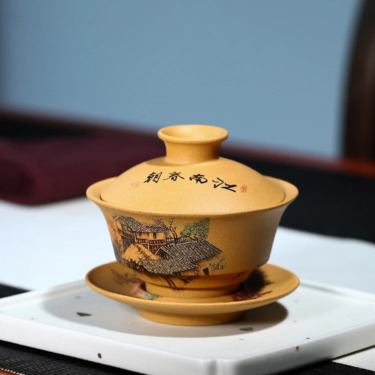 Yixing Purple Clay tea Gaiwan Teacup Hand Painted tea Tureen Chinese Retro Set Accessories Tea Ceremony Drinkware 120ml