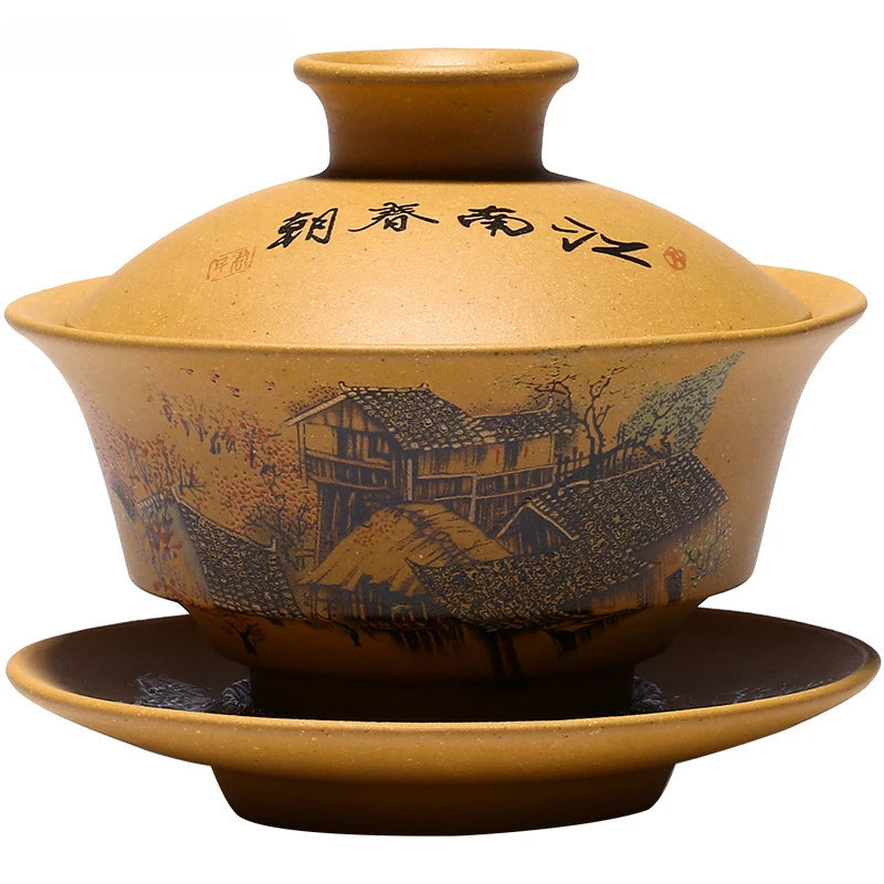 Yixing Purple Clay tea Gaiwan Teacup Hand Painted tea Tureen Chinese Retro Set Accessories Tea Ceremony Drinkware 120ml