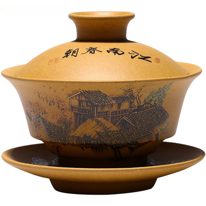 Yixing Purple Clay tea Gaiwan Teacup Hand Painted tea Tureen Chinese Retro Set Accessories Tea Ceremony Drinkware 120ml