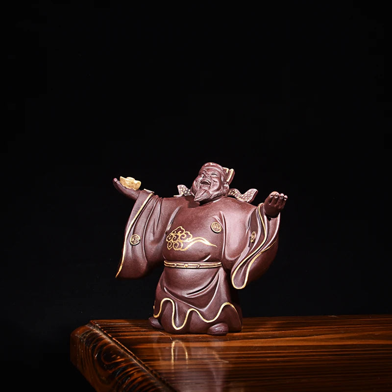 Yixing Purple Sand Fine Tea Carve Character Decoration Raw Ore Handmade Sculpture God of Wealth Tea Table Decoration Tea Set Sup