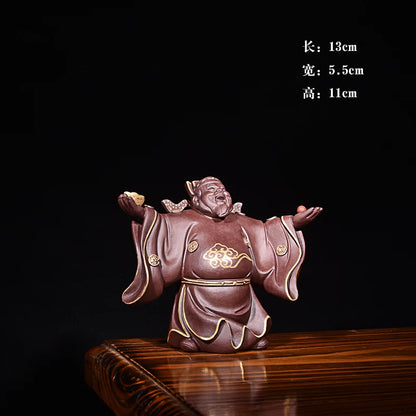 Yixing Purple Sand Fine Tea Carve Character Decoration Raw Ore Handmade Sculpture God of Wealth Tea Table Decoration Tea Set Sup