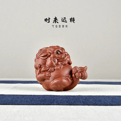 Yixing Purple Sand Fine Tea Carve Famous Handmade Li Changtao Raw Ore Descending Slope Mud Supportable Good Luck Comes Lion Orna