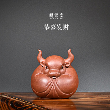 Yixing Purple Sand Fine Tea Carve Raw Ore Handmade Famous Li Changtao Chinese Zodiac Cow Be Arrogant and Make a Fortune