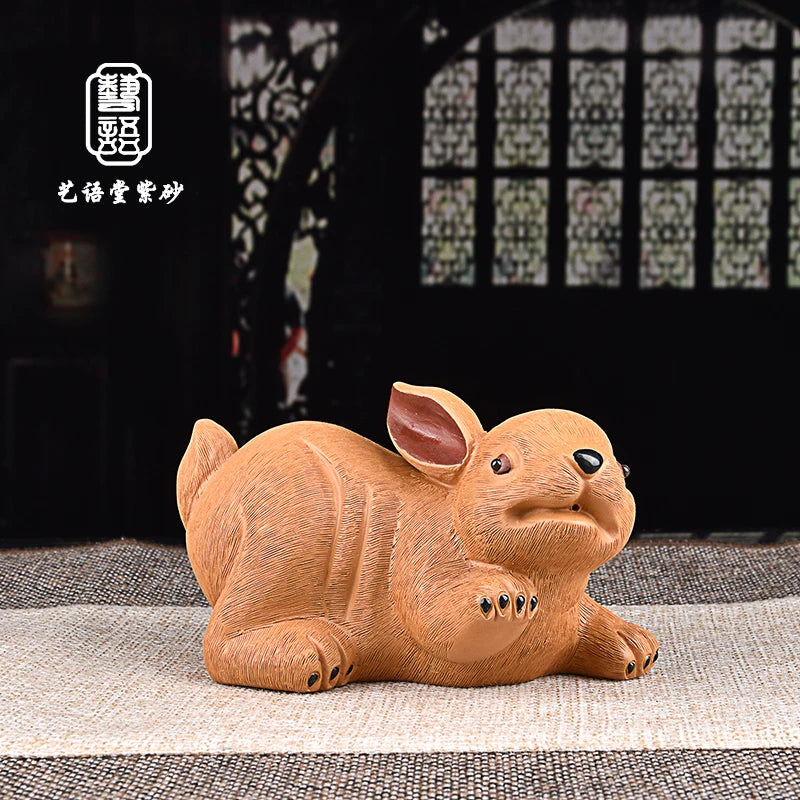 Yixing Purple Sand Pair Fondle Tea Carve Fine Ornaments Zodiac Chinese Zodiac Sign of Rabbit Pair Rabbit Tea Carve Kung Fu Tea T