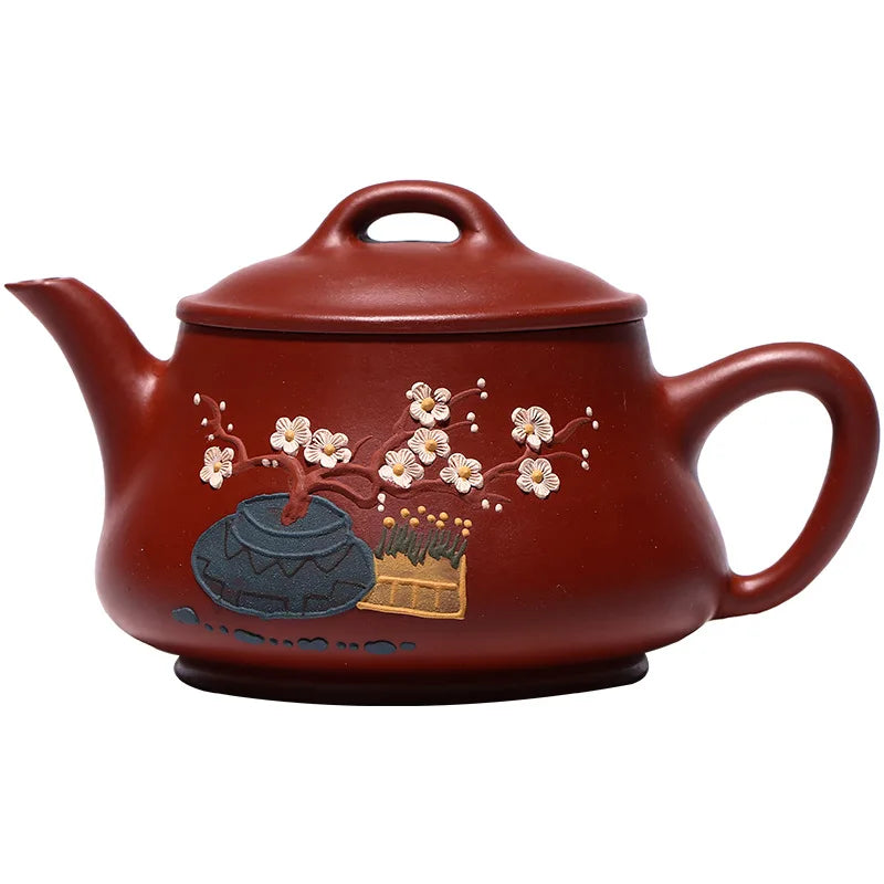 Yixing Purple Sand Pot, Famous Hand-painted Plum Blossom Ore Dahongpao Kung-Fu Teaware Purple Clay Drinkware for Puer Green