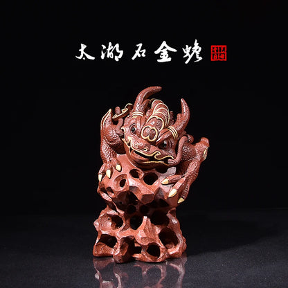 Yixing Purple Sand Taihu Lake Stone Golden Toad Fine Tea Carve Famous Li Changtao Raw Ore Handmade Supportable Tea Tray Decorati