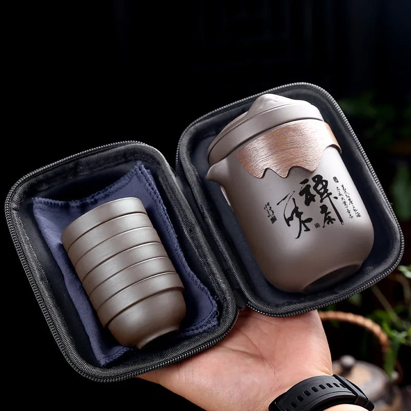 Yixing Purple Sand Tea Set Anti-scalding Ceramic Chinese Teacup Set Portable Travel Teaware Kung Fu Tea Cup 1 Pot 6 Cups Gaiwan