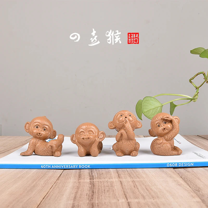 Yixing Purplue Sand Tea Pet Sixi Monkey Set Handmade Tea Set Tea Carve Tea Tray Boutique Supportable Ornaments Accessories