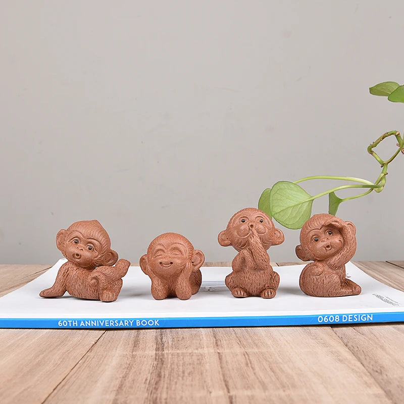 Yixing Purplue Sand Tea Pet Sixi Monkey Set Handmade Tea Set Tea Carve Tea Tray Boutique Supportable Ornaments Accessories