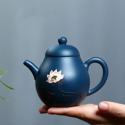Yixing Raw Ore Azure Mud Tea Kettle Hand-painted Lotus Purple Clay Teapot Ball Hole Filter Beauty Tea Pot Tea Set Supplies 130ml