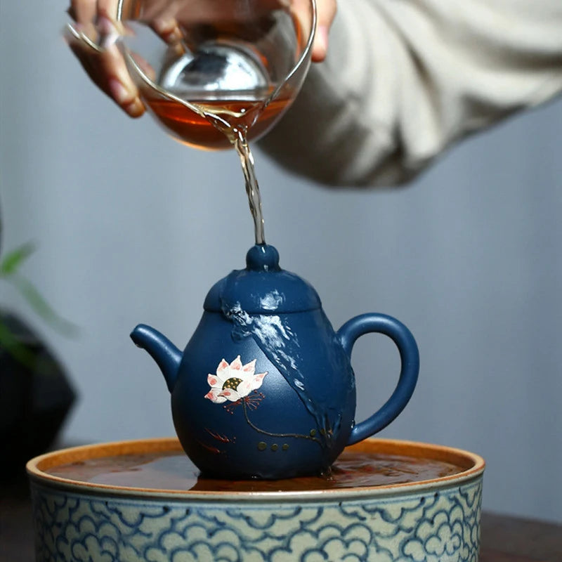Yixing Raw Ore Azure Mud Tea Kettle Hand-painted Lotus Purple Clay Teapot Ball Hole Filter Beauty Tea Pot Tea Set Supplies 130ml
