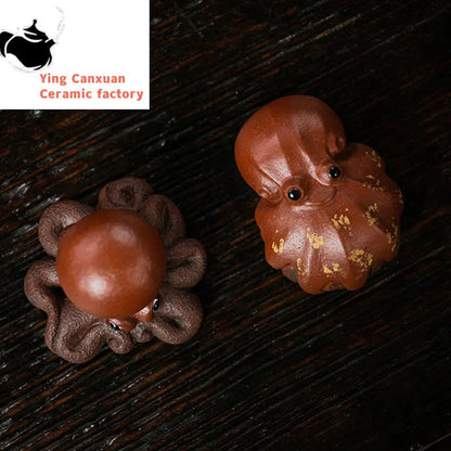 Yixing Sculpture Ornaments Purple Clay Tea Pet Cute Octopus Statue Handmade Tea Figurine Crafts Chinese Teaware Decoration Gifts