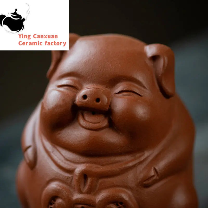 Yixing Sculpture Purple Clay Tea Pet Chinese Lucky Fortune Pig Statue Ornaments Handmade Tea Figurine Art Tea Set Decors Crafts