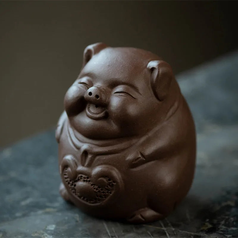 Yixing Sculpture Purple Clay Tea Pet Chinese Lucky Fortune Pig Statue Ornaments Handmade Tea Figurine Art Tea Set Decors Crafts