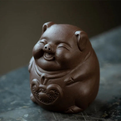 Yixing Sculpture Purple Clay Tea Pet Chinese Lucky Fortune Pig Statue Ornaments Handmade Tea Figurine Art Tea Set Decors Crafts