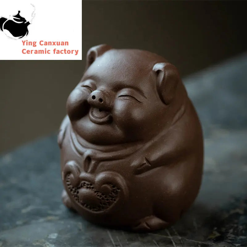 Yixing Sculpture Purple Clay Tea Pet Chinese Lucky Fortune Pig Statue Ornaments Handmade Tea Figurine Art Tea Set Decors Crafts