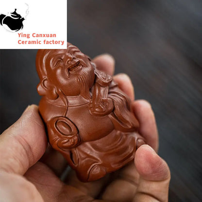 Yixing Sculpture Purple Clay Tea Pet Ingots God of Wealth Statue Handmade Tea Figurine Ornaments Chinese Tea Set Decoration Art