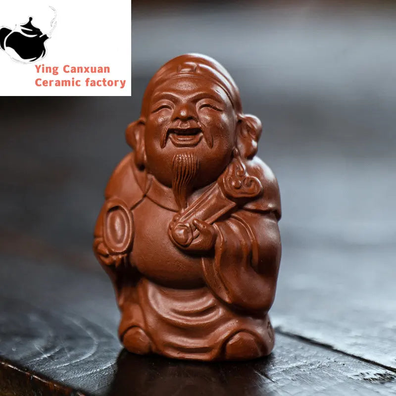 Yixing Sculpture Purple Clay Tea Pet Ingots God of Wealth Statue Handmade Tea Figurine Ornaments Chinese Tea Set Decoration Art