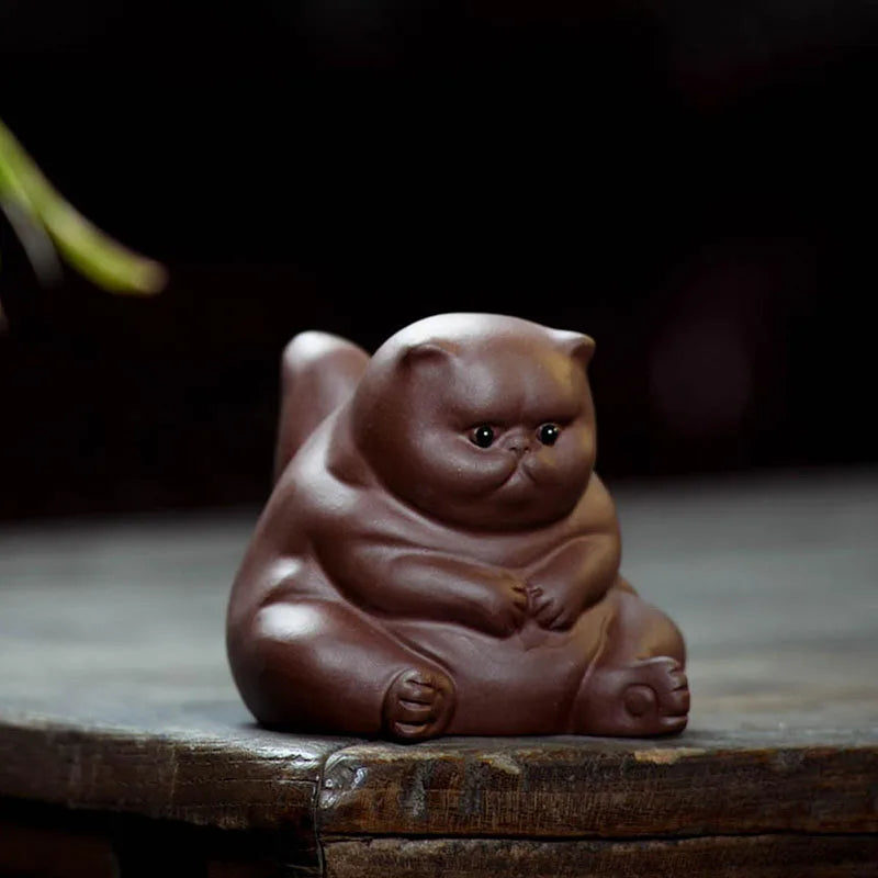 Yixing Superior Purple Clay Tea Pet Cute Cat Desktop Ornaments Handmade Sculpture Car Decoration Gift for Girlfriend