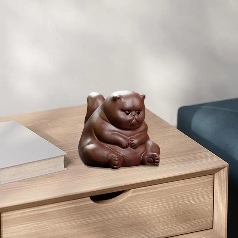 Yixing Superior Purple Clay Tea Pet Cute Cat Desktop Ornaments Handmade Sculpture Car Decoration Gift for Girlfriend