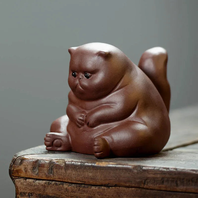 Yixing Superior Purple Clay Tea Pet Cute Cat Desktop Ornaments Handmade Sculpture Car Decoration Gift for Girlfriend