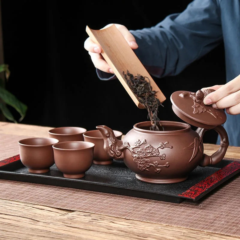 Yixing Zisha Ceramic Teapot Large Capacity Pure Handmade Plum Blossom Dragon Phoenix Teapot Household Large Kungfu Tea Set
