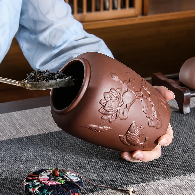Yixing-Zisha Chinese-style Tea Caddy, Large Hand-Sealed Tea Storage Pot, Moisture-Proof Pu'er Tea Canister