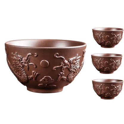 Yixing Zisha Double Dragon Tea Bowl, Large Handmade Relief, Phoenix Tea Cup, Master Cup, Tea Accessories, 3Pcs