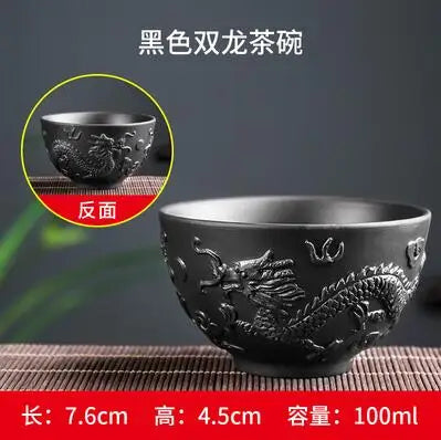 Yixing Zisha Double Dragon Tea Bowl, Large Handmade Relief, Phoenix Tea Cup, Master Cup, Tea Accessories, 3Pcs